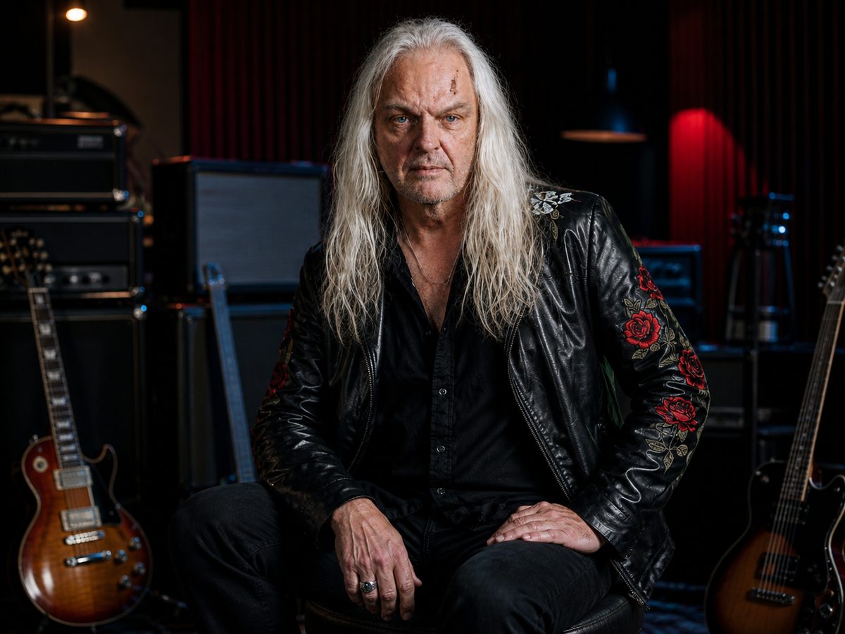 Helmut Bibl in a dark guitar studio